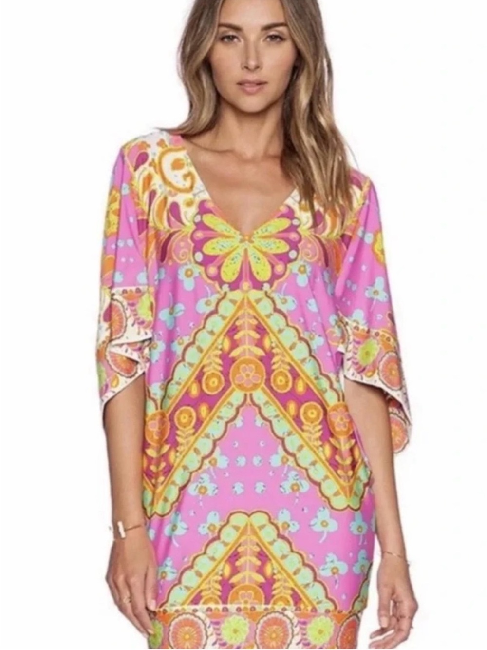 Trina Turk Vibrant Pink Floral Print Shift Dress- swim cover up-great fit - swim